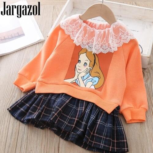 Autumn Girls Princess Dress Cartoon Printed Lace Long Sleeve Sweatshirt Stitching Dress Fall Kids Dresses for Girls Costume