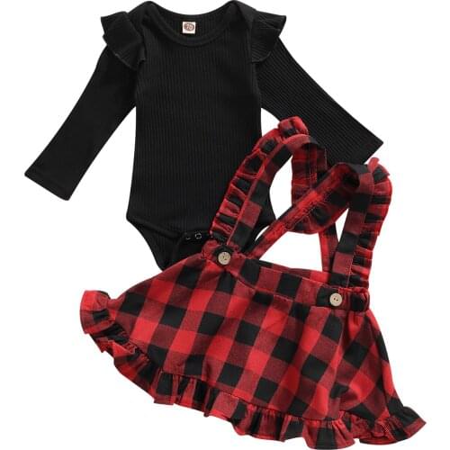 2021-06-25 Lioraitiin 0-18M 2Pcs Baby Girl Fall Clothes Ruffle Long Sleeve Rib Knit Bodysuit Plaid Suspender Skirt Set