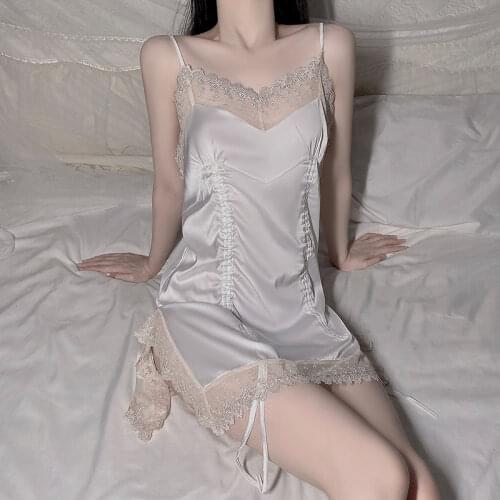 Sexy Nightdress for Women Summer Vintage Silk Nightgowns Slipdress Satin Nightie Deep V Neck Lace Sleepwear Ladies Night Wear