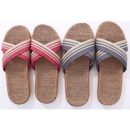 Wholesale Mens Summer Home Shoes Ladies/Male Cross Stripe Linen Slippers Indoor Couple Slides Man/Women Flip Flops Boy Sandals