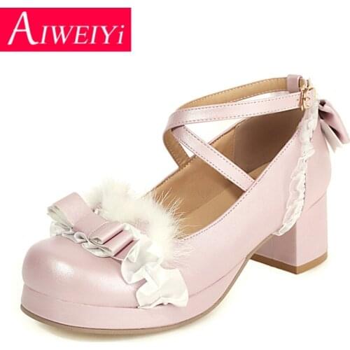 Lolita Shoes Woman Round toe Sweet Bow Fur High Heels Shoes Cross Strap Sweet Lovely Cosplay Shoes