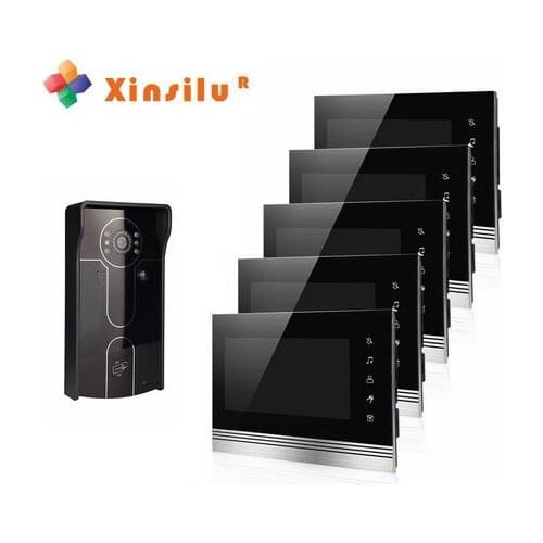 XINSILU Home Security Intercom System 7"Video Door Phone Night Vision Waterproof Camera ID Card Unlocking Function for 5-rooms