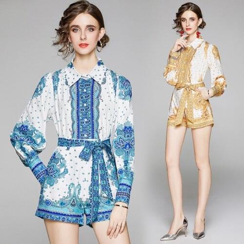 Summer Runway 2 Piece Womens Ladies Sets Retro Vintage Print Collar Lantern Sleeve Top Shirt Blouse Shorts Suits Outfits
