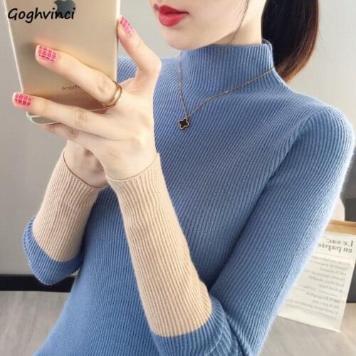 Women Pullovers Mock Neck Patchwork Long Sleeve Knitted Autumn Winter Female Underwear Korean Style Slim Shaped Elastic Chic Ins
