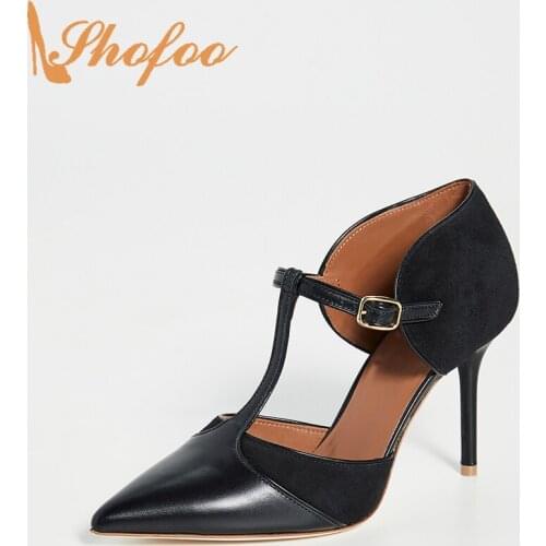 Black Pumps Stilettos High Thin Heels Women Pointed Toe Ladies Fashion Mature T-Strap Buckle Shoes Large Size 13 16 Shofoo