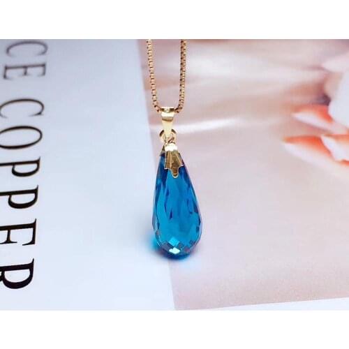Elegant simple water drop natural blue topaz gem Pendant natural gemstone pendant 18k yellow gold Women girl party gift jewelery