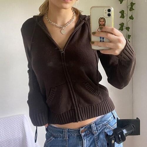 Brown Solid Y2K Hooded Sweaters Women Vintage Autumn Winter Lantern Sleeve Zip Up Jacket Cardigan Pocket Knitted Hoodies 2021