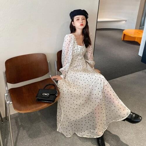 New Ladies Chic Square Collar Autumn Women Sexy Lantern Short Sleeve Polka Dot High Waist Slim Office Long Dresses Female Clothe