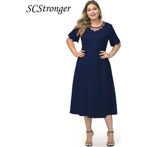SCSTRONGER Summer Fashion Plus Size Dress Round Neck Tulle Stitching Burnt Flowers Solid Color Short Sleeved Womens Clothing