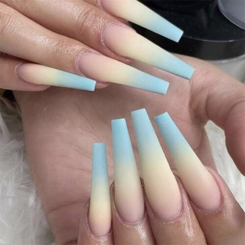 24pcs Ombre Yellow Blue Ballerina Long Coffin Press on False Nails JP904