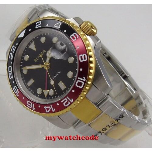 40mm bliger black dial golden case sapphire glass GMT date automatic mens watch