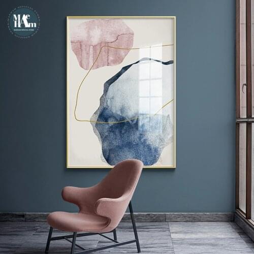 Abstract Blue watercolor Canvas Print Paintings Golden lines Poster Nordic Wall Art Pictures on Canvas Living Room Home Decor