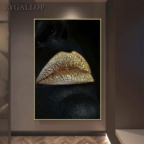 Black Woman Gold Lips Canvas Painting Golden Mouth Posters and Prints Scandinavian Wall Art Modern Wall Picture For Living Room