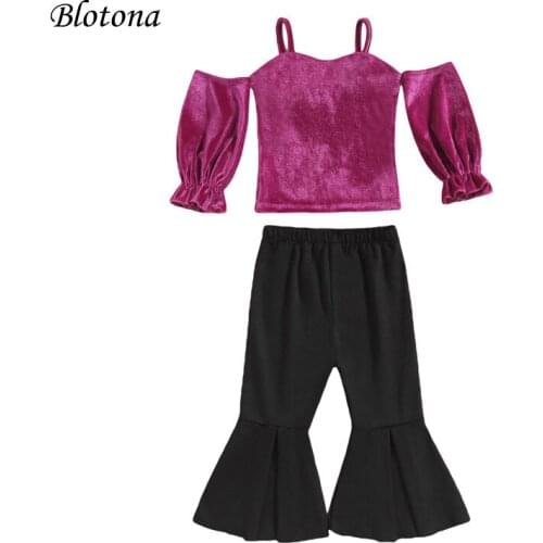 Blotona Kids Girls T-shirt and Trousers Suit Fashion Solid Color Coral fleece Suspender Long Sleeve Tops and Flared Pants 6M-5Y