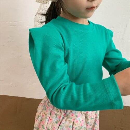 Childrens T-shirt 2021 autumn new Korean girls' bubble sleeve baby shirt childrens solid round neck long sleeve T-shirt