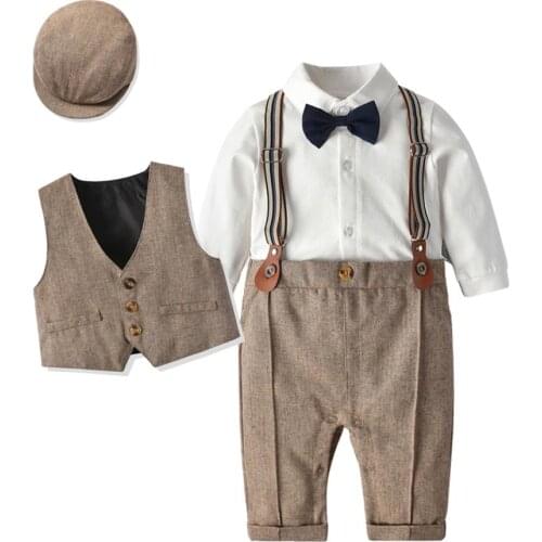 New Spring Children Clothing Infants British Vest Bodysuit Climbing Gentleman Hat Boy 1 Year-Old Clothing Newborn Gentleman Suit