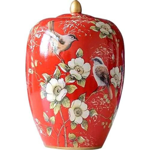 Jingdezhen Ceramic Ginger jar Modern Red Glaze flower bird Pattern Storage pot With Lid Wax Gourd porcelain jar vase