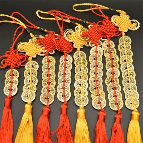 Chinese Manual Knot Fengshui Lucky Charms Ancient Copper Coins Mascot Prosperity Protection Good Fortune Home Car Decor