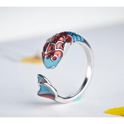Chinese Style New Silver Blue Fish Enamel Ring Retro Trendy Koi Shape Adjustable Open Rings Female Finger Jewelry For Women Girl