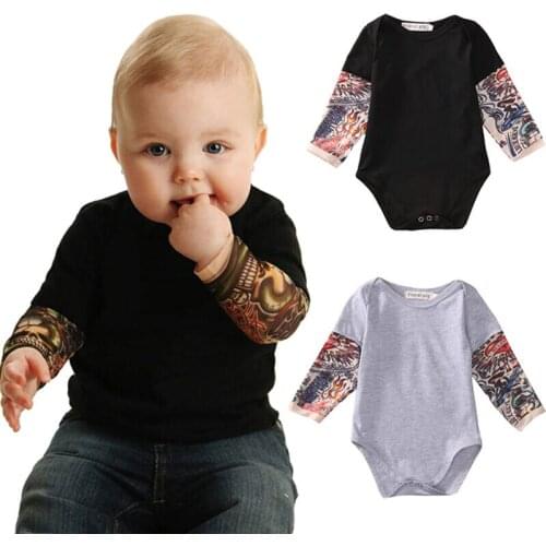 Newborn Baby Boy Playsuit Clothes Tattoos Print Long Sleeve Jumpsuit Outfits Black Gray
