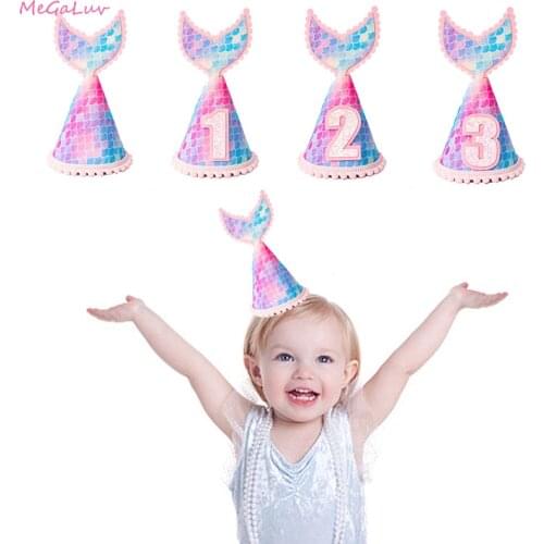 Cute Baby Shower Mermaid Crown Hat Number 1/2/3 Years Kids Fishtail Caps with Rope 1st Birthday Party Decorations Supplies