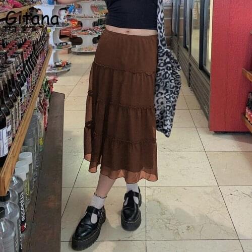 Gitana 2021 Fashion Brown Mesh Ruffles Skirts Vintage High Waist Patchwork Midi Skirt Women Cute Retro Party Outfits Streetwear