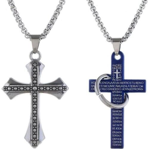 Fashion Hiphop Cross Stainless Steel Necklace Punk Men Metal Unique Pendant Long Statement Retro JESUS Chain Rock Woman Jewelry