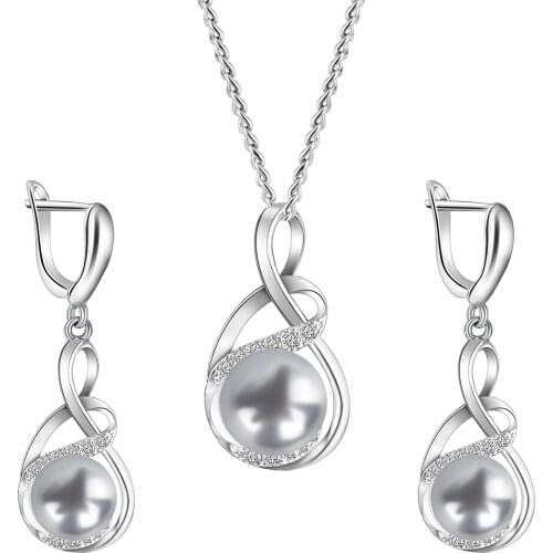 HONONJO 2021 Hot Sale Vintage Imitation Pearl Wedding Jewelry Set Silver Color Necklace Earring Ring Set For Women Gifts