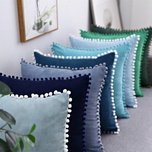 Soft Suede Cushion Cover with Pompom Ball Blue Green Navy Pillow Cover Bedroom Sofa Decoration Pillow Cases 35x50cm