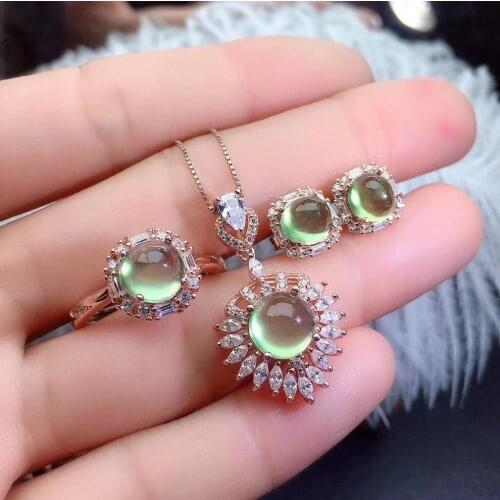 Engagement Best Gift Prehnite Set Natural And Real Prehnite Jewelry set 925 sterling silver 1pc Ring,1pc Pendant,2pcs Earring