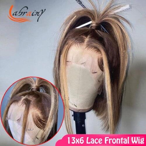 13x6 Highlight Honey Blonde Lace Frontal Human Hair Wigs Bob Straight Ombre Brown Colored 4x4 Lace Closure Front Remy Wig Woman