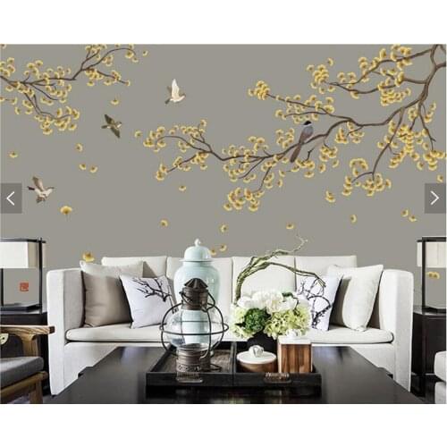 Custom Chinese wallpaper, ginkgo flower and bird murals for living room bedroom sofa background home decoration wallpaper