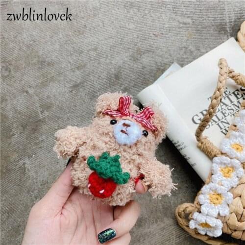 Cute Cartoon Plush Strawberry Bear Keychain Case For Airpods Shockproof Wireless Bluetooth Earphone Protective Cover Keyring