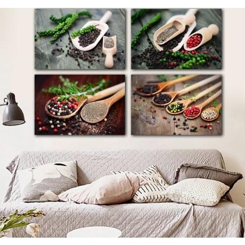 Seeds Mustard and Hot Spicy Pepper in Wooden Spoon Canvas Art Posters Prints Kitchen theme Canvas Paintings Pictures Home Decor