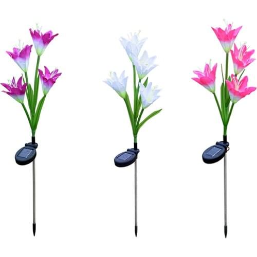 Solar LED Garden Pathway Decorative Lights 4 Heads Lily Flower Solar Light Colorful Lawn Lamp Courtyard Simulation Flowers Decor