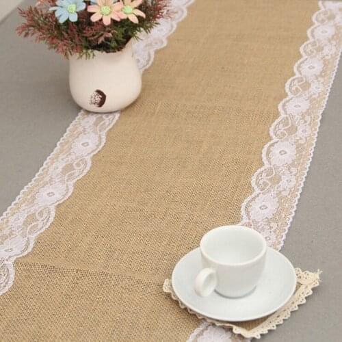 2019 Vintage Lace Natural Burlap Jute Hessian Table Runner Cloth Wedding Decor Table Decoration Party Desktop Decoration