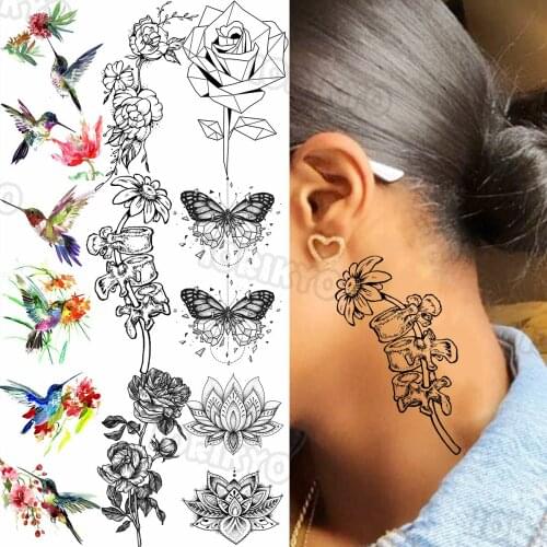 Pencil Sketch Dahlia Temporary Tattoos For Women Adults Realistic Butterfly Henna Hummingbird Fake Tattoo Sticker Neck Tatoo Arm
