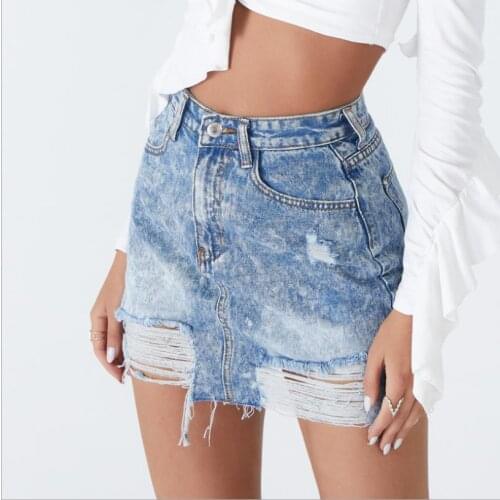 2021 New Style Womens Washed Mini Denim Skirt High Waist Distressed Ripped Short Skirt Summer Clothing
