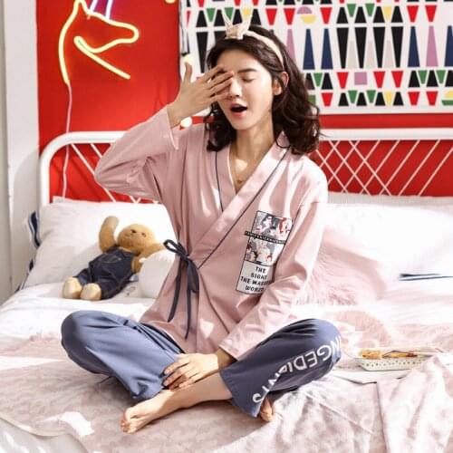 Women 2019 spring and autumn new Korean pajamas ladies sweet Japanese kimono long sleeve pants cotton casual women pajama sets