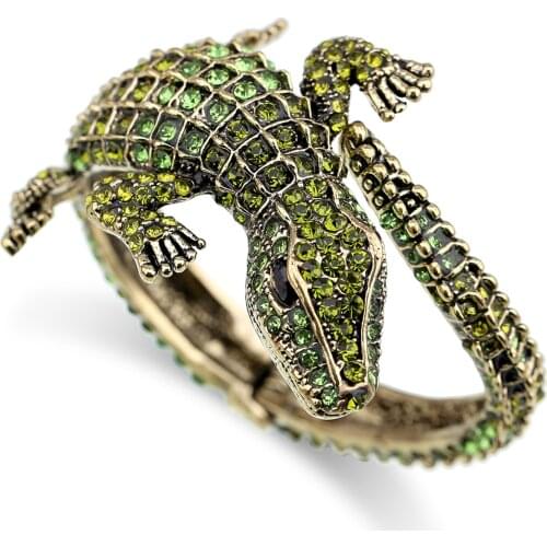 New Fashion Statement Crocodile Vintage Bangle Cuff Bracelet Antique Gold Plated Rhinestone Animal Bracelet for Women Pulseira