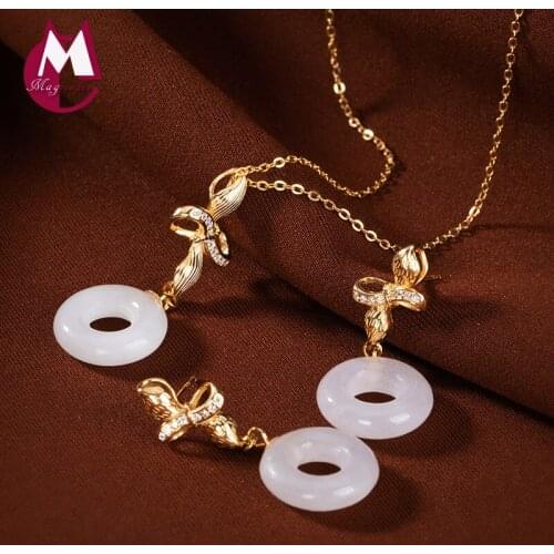 Women Set 100% Real 925 sterling silver Gold Plated Natural stone Jade Necklace Pendant Drop Earing fashion jewelry sets 2019 S3