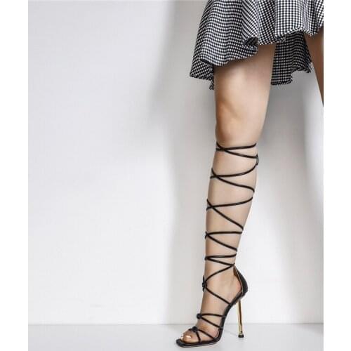 Women Criss Cross Lace Up Black Heels Strappy Sandals Richealnana Square Open Toe Stilettos Sexy Shoes Large Size US5-15