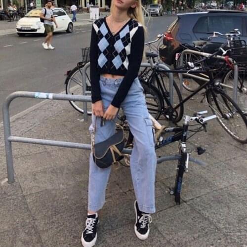 Women Long Sleeve Knitted Preppy Style Vintage Argyle Plaid Sweater Coat Button Down Slim Crop Top Outwear