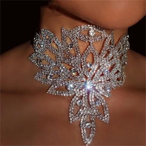 Ins Luxury Leaf Shape Rhinestone Choker Necklace Collar Jewelry for Women Bling Crystal Wedding Romance Collar Necklace Bijoux