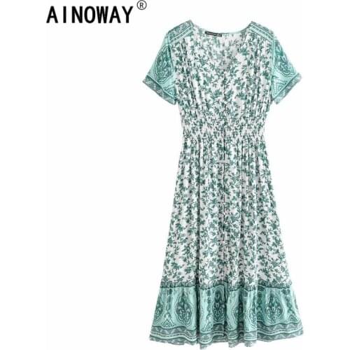 Vintage chic women green floral print short sleeve beach Bohemian happie maxi dress Ladies botton Summer Boho dress vestidos