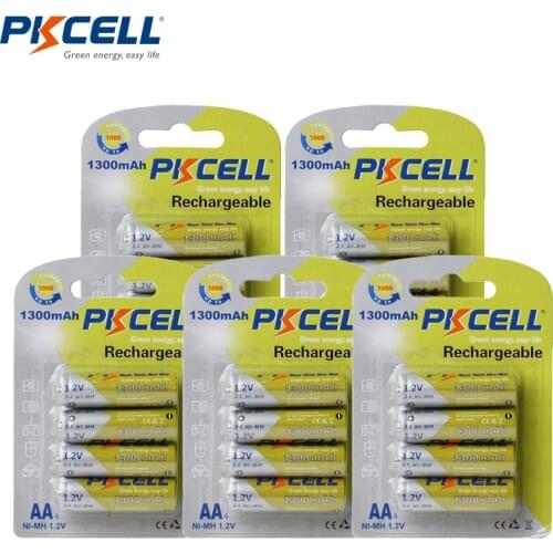 20Pcs/5Pack PKCELL 1300mAh 1.2V AA Rechargeable Battery Ni-MH AA Batteries Batteries NiMh 2A Bateria Baterias