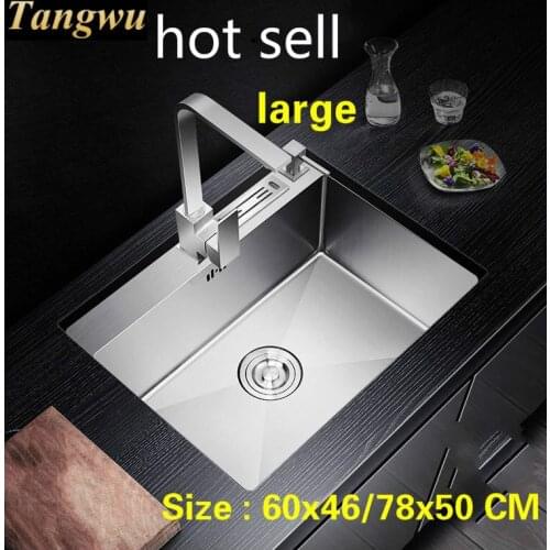 Free shipping Apartment luxurious big kitchen manual sink single trough standard 304 stainless steel hot sell 60x46/78x50 CM