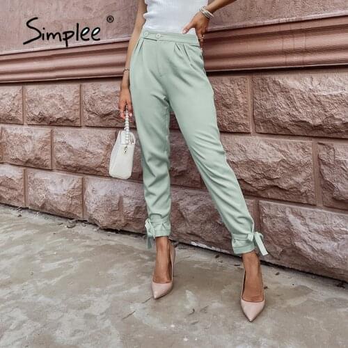 Simplee Autumn Casual Long Skinny Women Pants Bow Mid Waist Pocket Female Pants Straight Solid Green Pleated Ladies Bottoms
