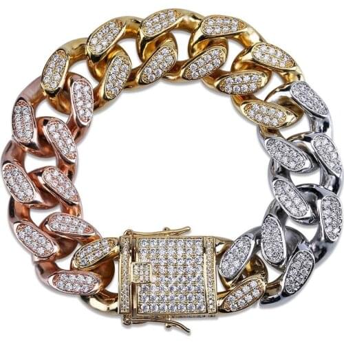 Hip-hop Full Zircon Jewelry Buckle Cuban Chain Bracelet Mens 14-18mm Tri-color Rainbow Gold Bracelet Mens Decorations Gifts