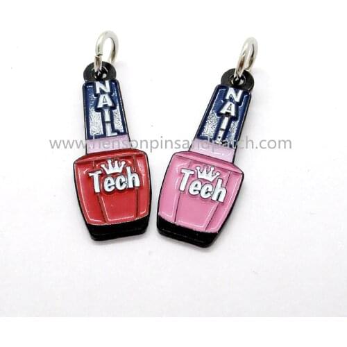 Custom metal soft enamel pink nail polish necklace, bottle key ring